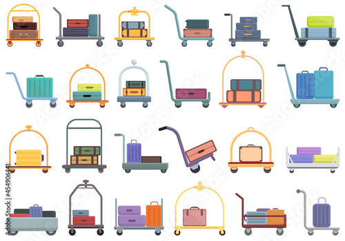 Luggage trolley icons set cartoon vector. Business bag. Travel baggage