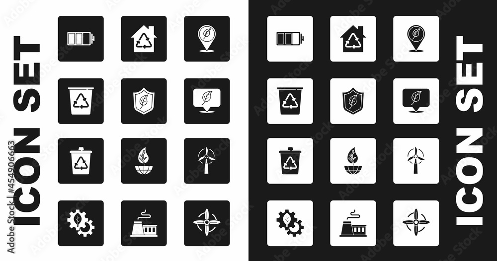 Set Location with leaf, Shield, Recycle bin recycle, Battery, Eco House recycling, Wind turbine and icon. Vector Set Location with leaf, Shield, Recycle bin recycle, Battery, Eco House recycling, Wind turbine and icon. Vector