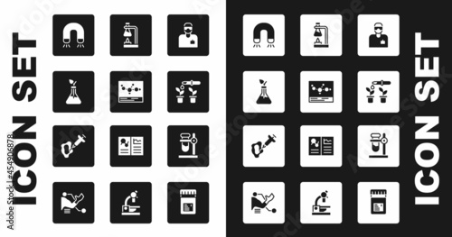Set Laboratory assistant, Chemical formula, Plant breeding, Magnet, Pipette and plant, Test tube flask on fire, stand and Syringe icon. Vector