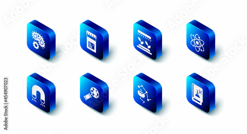 Set Jar with additives, Automatic irrigation sprinklers, Atom, Genetic engineering book, Genetically modified food, DNA research, search, Magnet and Virus icon. Vector