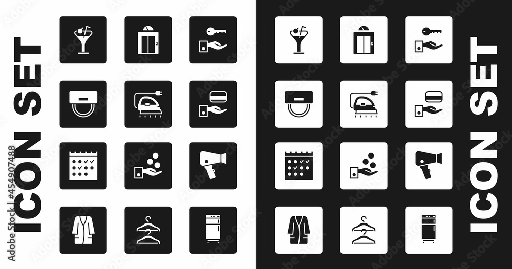 Set Hotel door lock key, Electric iron, Bellboy hat, Martini glass, Digital, Lift, Hair dryer and booking calendar icon. Vector Set Hotel door lock key, Electric iron, Bellboy hat, Martini glass, Digital, Lift, Hair dryer and booking calendar icon. Vector