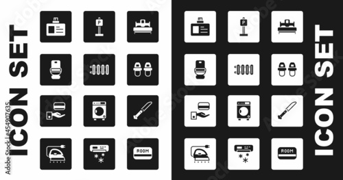 Set Bedroom, Heating radiator, Toilet bowl, Identification badge, Hotel slippers, Parking, Knife and Digital door lock icon. Vector