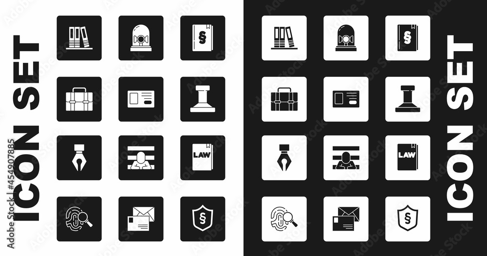 Set Law book, Identification badge, Briefcase, Office folders, Stamp, Flasher siren, and Fountain pen nib icon. Vector Set Law book, Identification badge, Briefcase, Office folders, Stamp, Flasher siren, and Fountain pen nib icon. Vector