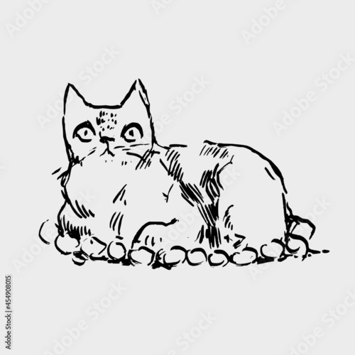 Hand drawn vector illustration with cat. Graphic vintage design.