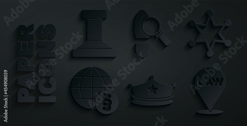 Set Police cap with cockade, Hexagram sheriff, International law, Location, Footsteps and Stamp icon. Vector