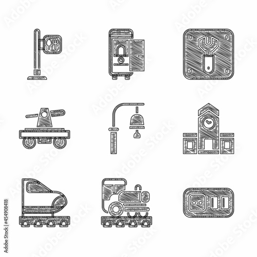 Set Train station bell, Vintage locomotive, Electrical outlet, Railway, High-speed train, Draisine or handcar, Repair of railway and Cafe restaurant location icon. Vector photo