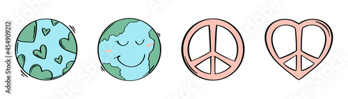 Day of peace. Hand drawn earth and peace symbol. Heart shape with earth. Sketch style