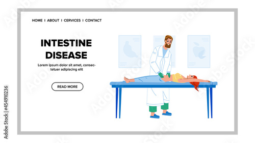 Intestine Disease Treat Woman In Hospital Vector. Gastroenterologist Doctor Examining Young Girl In Clinic, Intestine Disease Diagnosis. Characters Health Therapy Web Flat Cartoon Illustration