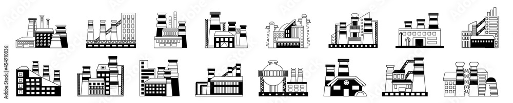 set of infographics of industrial plants and factories in a linear style, isolated on a white background. the concept of industrial buildings.industrial complex. Power plants with chimneys pipes