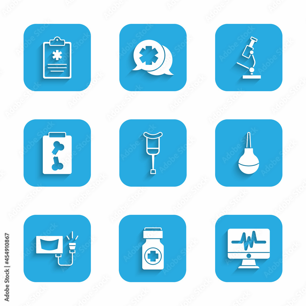 Set Crutch or crutches, Medicine bottle and pills, Monitor with cardiogram, Enema, Ultrasound, X-ray shots, Microscope and Clinical record icon. Vector Set Crutch or crutches, Medicine bottle and pills, Monitor with cardiogram, Enema, Ultrasound, X-ray shots, Microscope and Clinical record icon. Vector