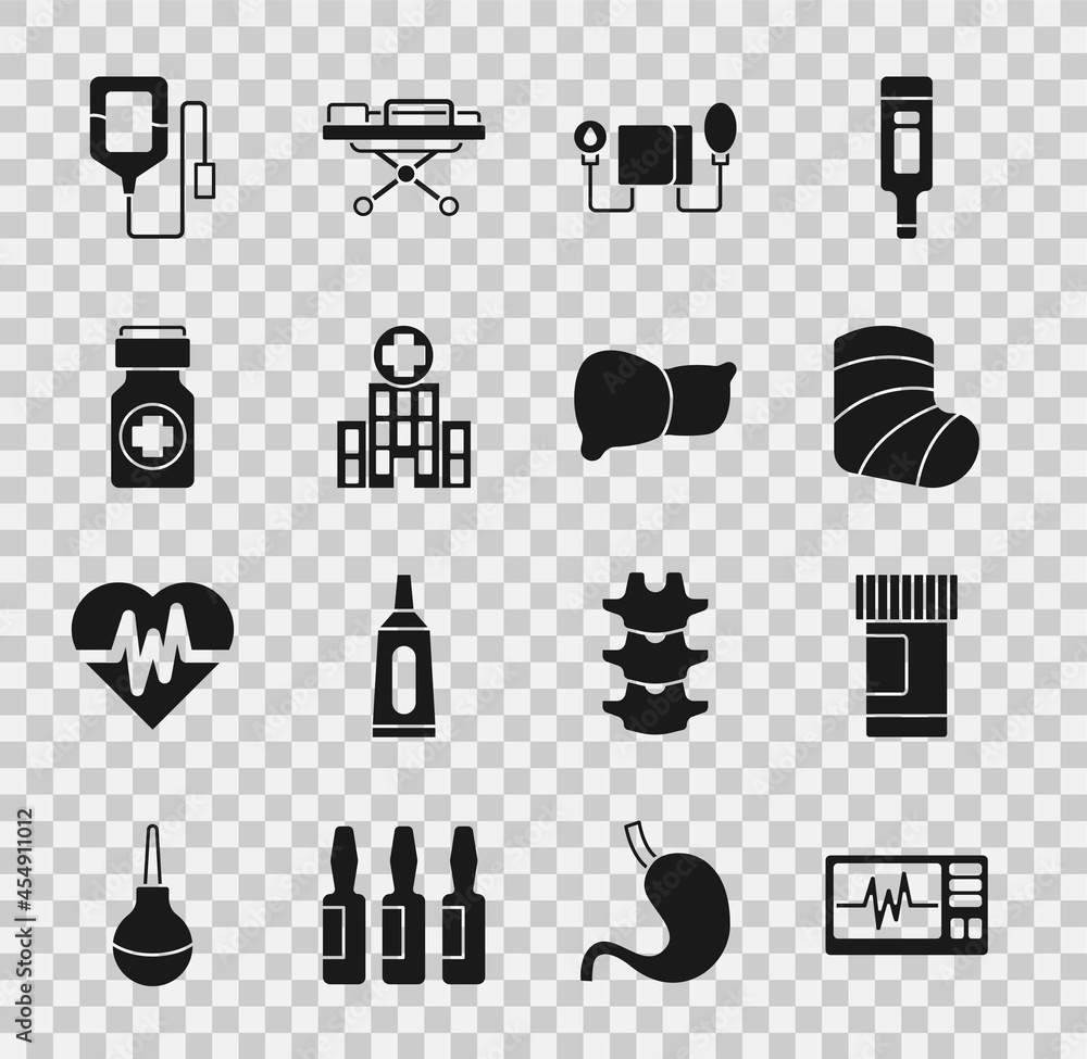 Set Monitor with cardiogram, Medicine bottle and pills, Gypsum, Blood pressure, Medical hospital building, IV bag and Human organ liver icon. Vector Set Monitor with cardiogram, Medicine bottle and pills, Gypsum, Blood pressure, Medical hospital building, IV bag and Human organ liver icon. Vector