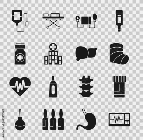 Set Monitor with cardiogram, Medicine bottle and pills, Gypsum, Blood pressure, Medical hospital building, IV bag and Human organ liver icon. Vector