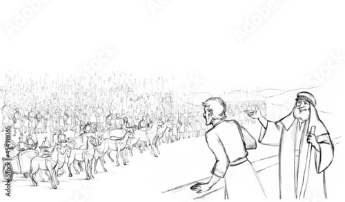 The Syrian army surrounded the city to capture Elisha. Pencil drawing photo