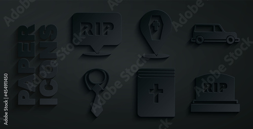 Set Holy bible book, Hearse car, Tie, Tombstone with RIP written, Coffin cross and Speech bubble rip death icon. Vector
