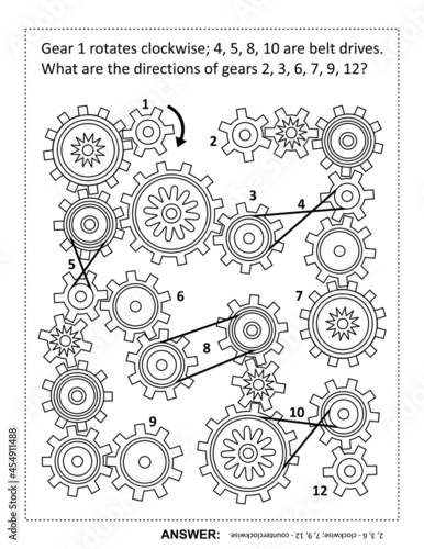 Visual puzzle with rotating gears and belt drives. Answer included.
