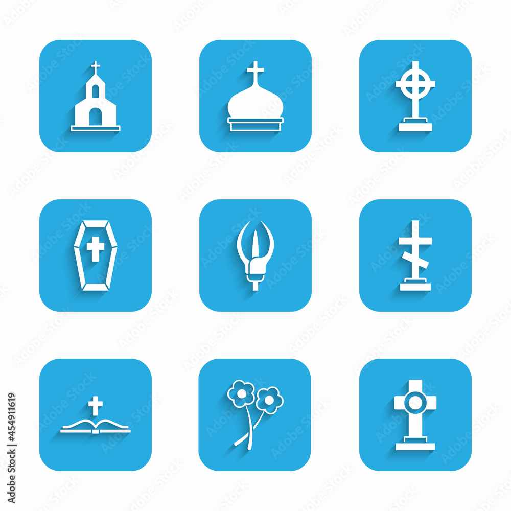 Set Lily flower, Flower, Grave with cross, Holy bible book, Coffin, and Church building icon. Vector Set Lily flower, Flower, Grave with cross, Holy bible book, Coffin, and Church building icon. Vector