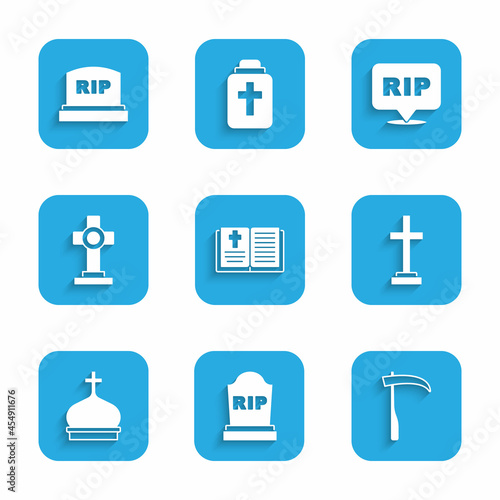 Set Holy bible book, Tombstone with RIP written, Scythe, Grave cross, Church tower, Speech bubble rip death and icon. Vector
