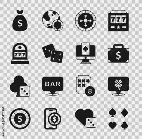 Set Deck of playing cards, Casino slot machine with clover, Briefcase and money, roulette wheel, Game dice, Slot jackpot, Money bag and Online poker table game icon. Vector