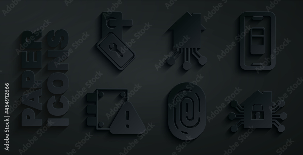 Set Fingerprint, Smartphone battery charge, House under protection, home, and Digital door lock icon. Vector Set Fingerprint, Smartphone battery charge, House under protection, home, and Digital door lock icon. Vector