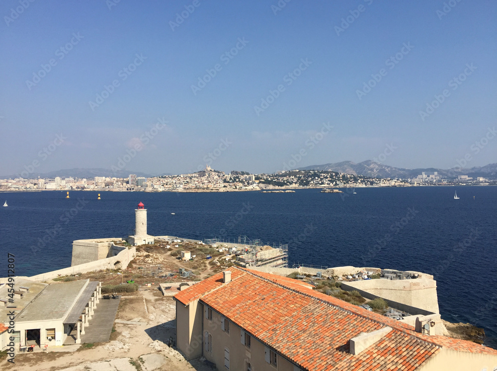 Panoramic view of Marseille and the Massif de Saint-Cyr (right) seen from the tower of Château d'If, a fortress and former prison located on the Île d'If, the smallest island in the Frioul archipelago