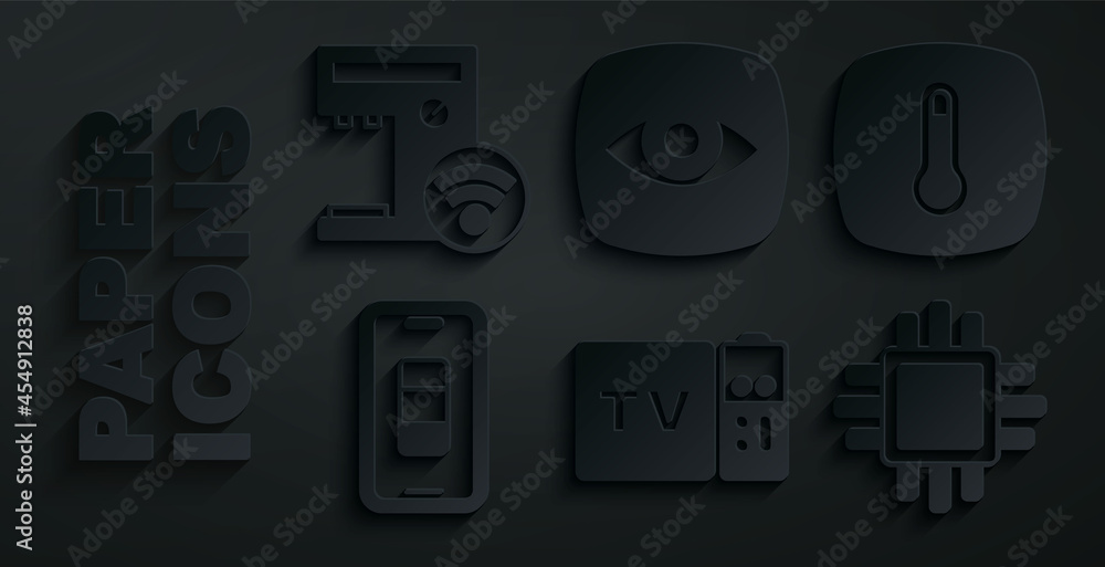 Set Multimedia and TV box receiver, Thermostat, Smartphone battery charge, Processor with CPU, Security camera and coffee machine icon. Vector Set Multimedia and TV box receiver, Thermostat, Smartphone battery charge, Processor with CPU, Security camera and coffee machine icon. Vector