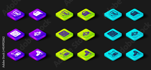 Set Scale with suitcase, Digital thermometer, Route location, Smart watch, Measuring cup and Multimeter, voltmeter icon. Vector