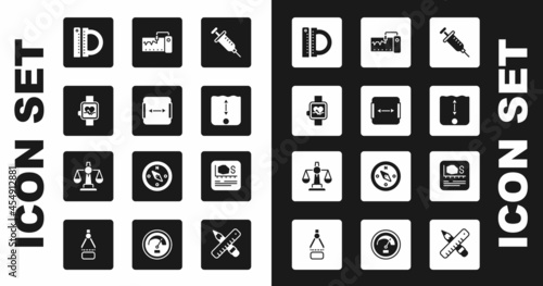 Set Syringe, Area measurement, Smart watch, Protractor and ruler, Depth, Measuring instrument, and Scales of justice icon. Vector