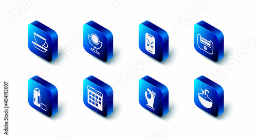 Set Round makeup mirror, Barber online service platform, Electrical hair clipper, Washbasin, Medical rubber gloves, Calendar with haircut day, Shaving gel foam and Coffee cup icon. Vector