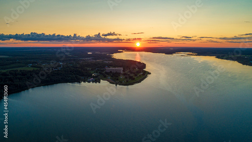 Wonderful sunset over Vodokhranilishche on Ruza river, Moscow Oblast, Russia Aerial or drone view photo