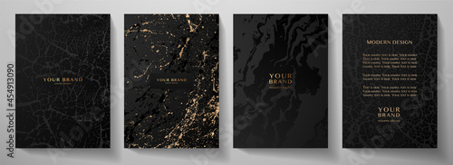 Contemporary cover design set. Art pattern with gold splash paint, old cracked texture, smudge on black background. Artistic vector collection for notebook, flyer template, luxe grunge poster