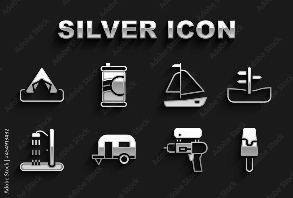 Set Rv Camping trailer, Road traffic sign, Ice cream, Water gun, Beach shower, Yacht sailboat, Tourist tent and Soda can icon. Vector Set Rv Camping trailer, Road traffic sign, Ice cream, Water gun, Beach shower, Yacht sailboat, Tourist tent and Soda can icon. Vector