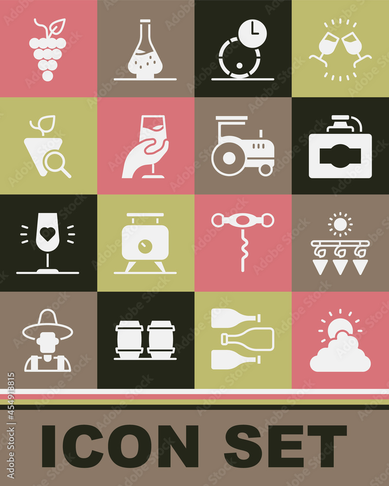 Set Sun and cloud weather, Drying grapes, Cardboard box of wine, Wooden barrel for, Wine tasting, degustation, Grapes, Bunch and Tractor icon. Vector Set Sun and cloud weather, Drying grapes, Cardboard box of wine, Wooden barrel for, Wine tasting, degustation, Grapes, Bunch and Tractor icon. Vector
