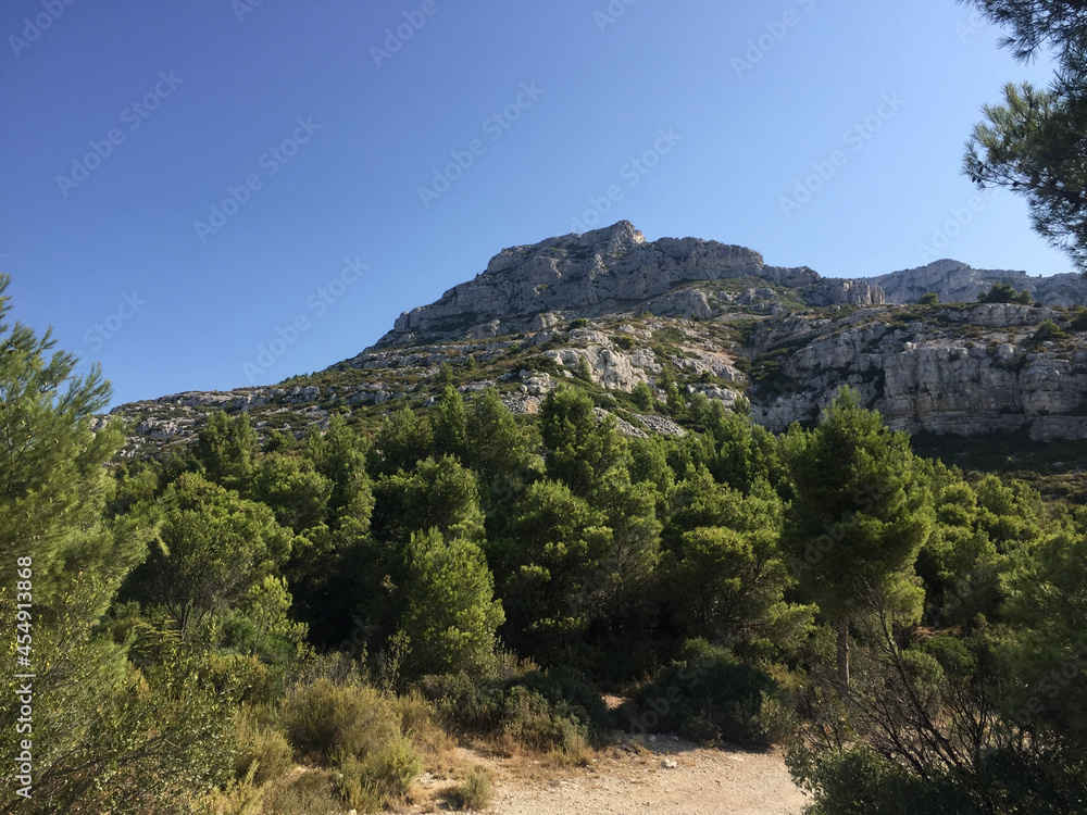 View of Mont Puget and typical Calanques cliff with sparse vegetation anchored to it seen from the footpath leading from Luminy to the Calanque de Sugiton in Marseille, France.