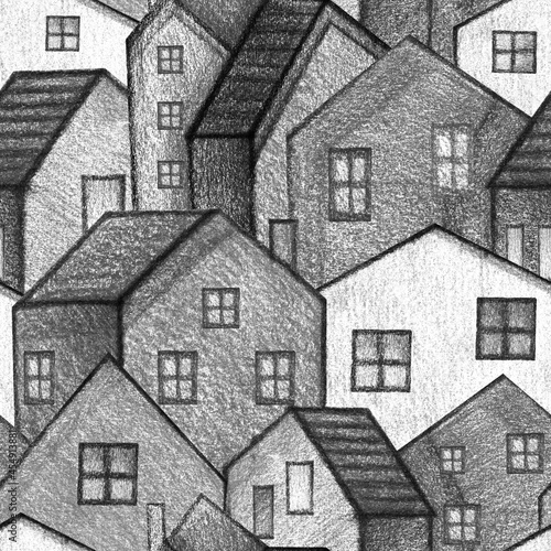 Urban monochrome landscape with cute hauses. Hand drawing of simple pencil. Seamless pattern.  Illustration.