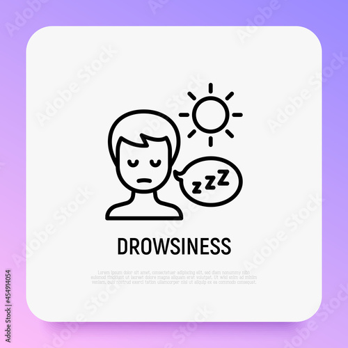 Drowsiness thin line icon. Abnormal sleepiness during the day. Illness symptom. Modern vector illustration.