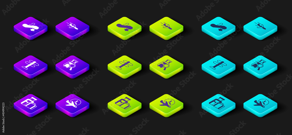 Set Suitcase, Flight time, Road traffic sign, Lost baggage, Plane and Escalator down icon. Vector Set Suitcase, Flight time, Road traffic sign, Lost baggage, Plane and Escalator down icon. Vector