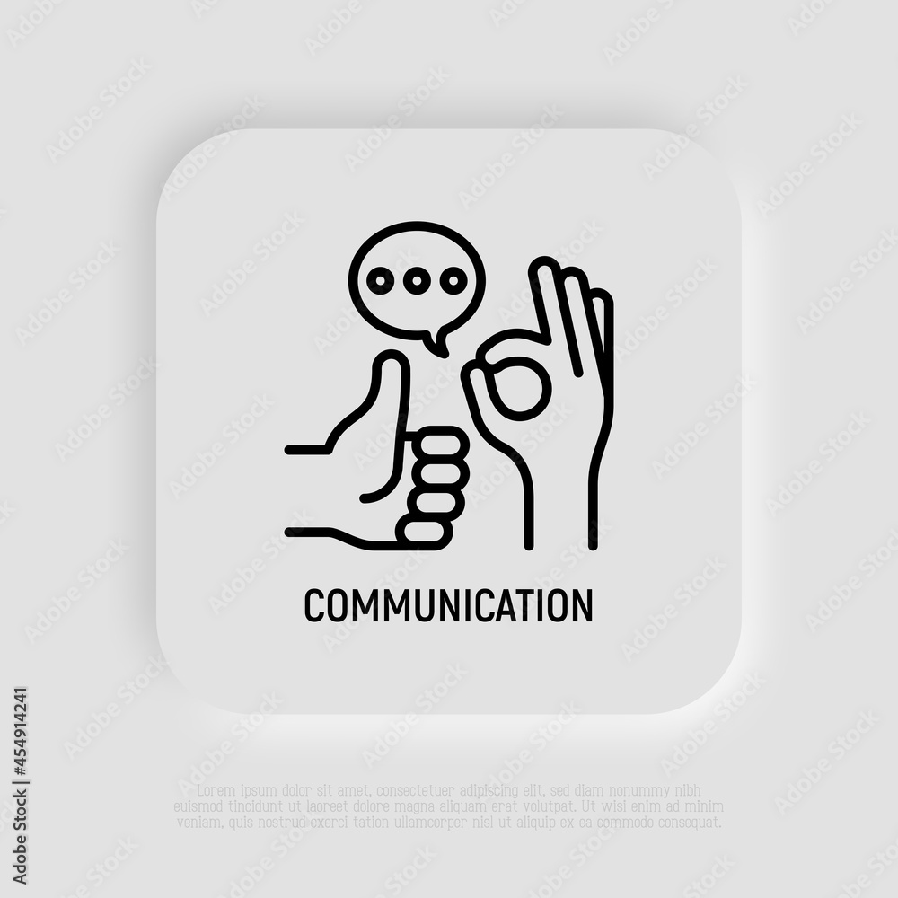 Communication thin line icon, thumbs up, ok gesture and speech bubbles. Modern vector illustration. Communication thin line icon, thumbs up, ok gesture and speech bubbles. Modern vector illustration.