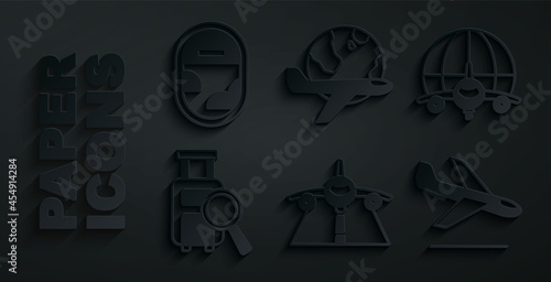 Set Plane, Globe with flying plane, Lost baggage, landing, and Airplane window icon. Vector