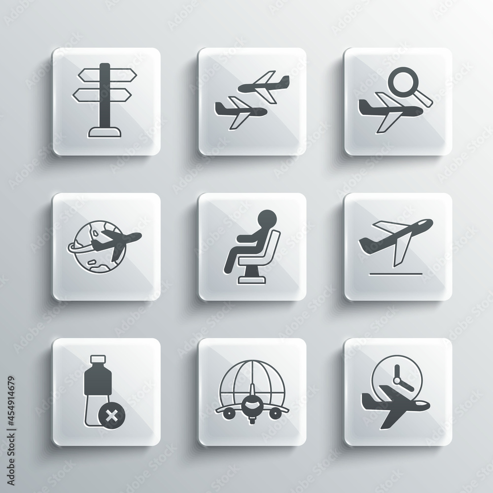 Set Globe with flying plane, Flight time, Plane takeoff, Human waiting airport terminal, No water bottle, Road traffic sign and Airplane search icon. Vector Set Globe with flying plane, Flight time, Plane takeoff, Human waiting airport terminal, No water bottle, Road traffic sign and Airplane search icon. Vector