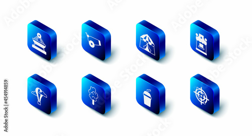 Set Cannon, Circus tent, Ticket box office, Target sport, Paper glass with water, Cotton candy, Hot air balloon and Boat swing icon. Vector