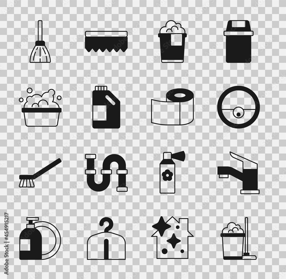 Set Mop and bucket, Water tap, Robot vacuum cleaner, Bucket with foam, Bottle for cleaning agent, Basin soap suds, Handle broom and Toilet paper roll icon. Vector Set Mop and bucket, Water tap, Robot vacuum cleaner, Bucket with foam, Bottle for cleaning agent, Basin soap suds, Handle broom and Toilet paper roll icon. Vector