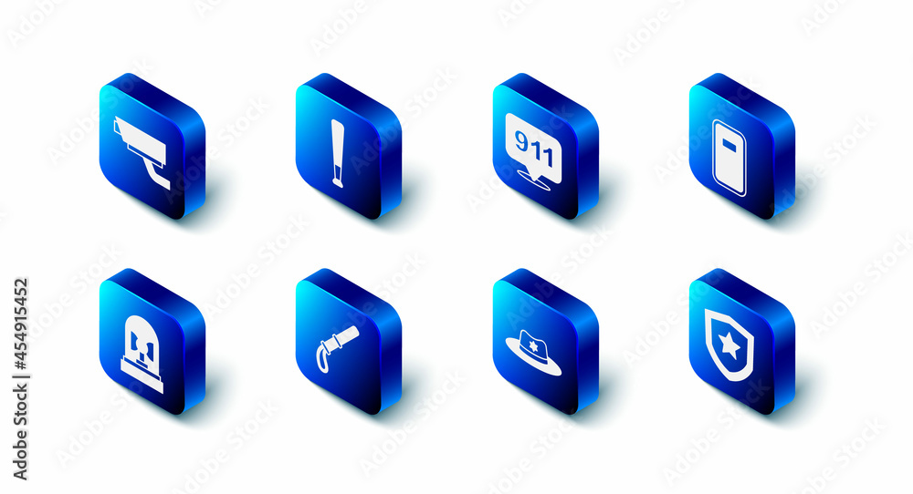 Set Baseball bat, Telephone call 911, Police assault shield, badge, Sheriff hat with, rubber baton, Flasher siren and Security camera icon. Vector Set Baseball bat, Telephone call 911, Police assault shield, badge, Sheriff hat with, rubber baton, Flasher siren and Security camera icon. Vector