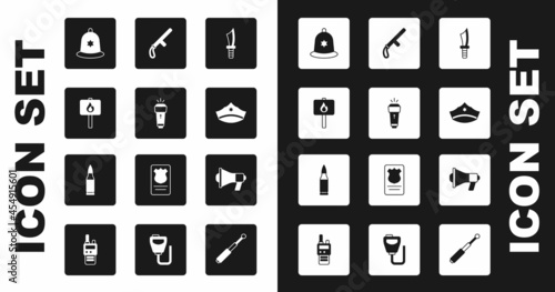 Set Military knife, Flashlight, Protest, British police helmet, Police cap with cockade, rubber baton, Megaphone and Bullet icon. Vector