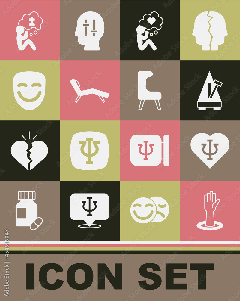 Set Helping hand, Psychology, Psi, Metronome with pendulum, Head heart, Armchair, Comedy theatrical mask, Man graves funeral sorrow and icon. Vector Set Helping hand, Psychology, Psi, Metronome with pendulum, Head heart, Armchair, Comedy theatrical mask, Man graves funeral sorrow and icon. Vector