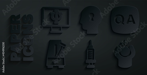 Set Addiction to the drug, Question and Answer, Metronome with pendulum, Anger, Solution problem and Psychologist online icon. Vector