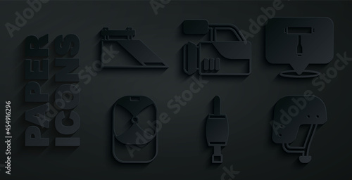 Set Screwdriver, Skateboard T tool, Baseball cap, helmet, Cinema camera and park icon. Vector