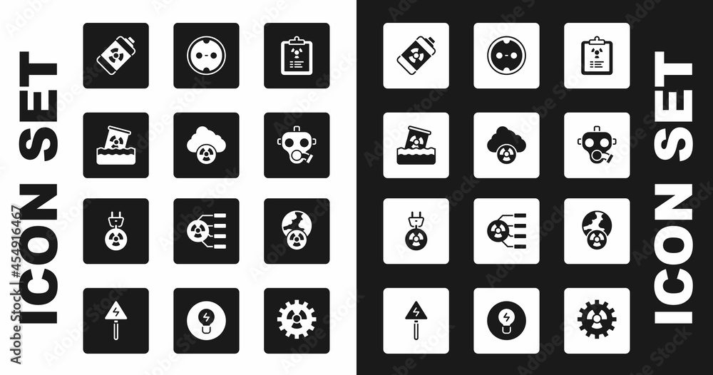Set Radiation warning document, Acid rain and radioactive cloud, Radioactive waste barrel, Nuclear energy battery, Gas mask, Electrical outlet, Planet earth radiation and electrical plug icon. Vector Set Radiation warning document, Acid rain and radioactive cloud, Radioactive waste barrel, Nuclear energy battery, Gas mask, Electrical outlet, Planet earth radiation and electrical plug icon. Vector