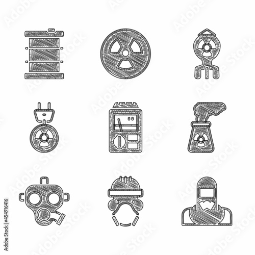 Set Dosimeter, Nuclear reactor worker, power plant, Gas mask, Radiation electrical plug, bomb and Radioactive waste in barrel icon. Vector