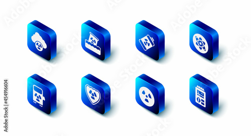 Set Radioactive waste in barrel, Nuclear energy battery, Atom, Dosimeter, shield, Electric car charging station and Acid rain and radioactive cloud icon. Vector