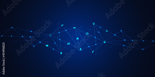 Information technology background with infographic elements and flat icons. Digital technology, network connection and communication concept. Vector illustration